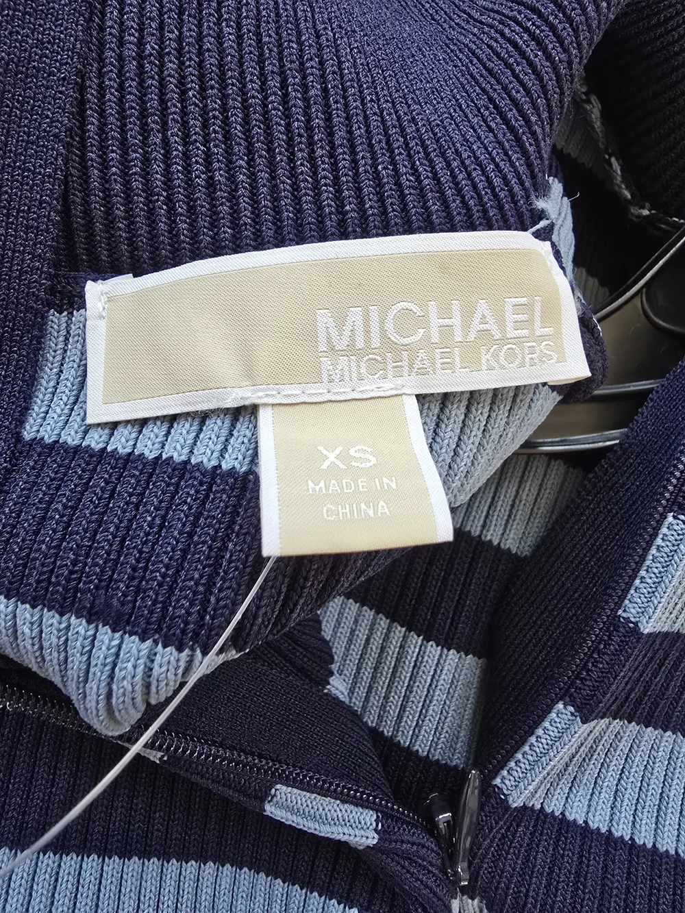 Michael Kors Navy and Light Blue Striped Mock Neck Long Sleeve Dress